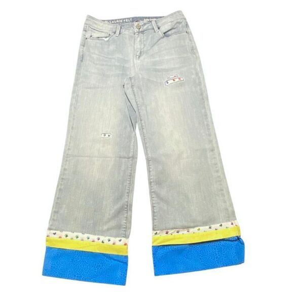 Laurie Felt Daisy Custom 3 Layer Hem Wide Leg Cropped Light Denim Jeans Wm’s Sz - Picture 1 of 6